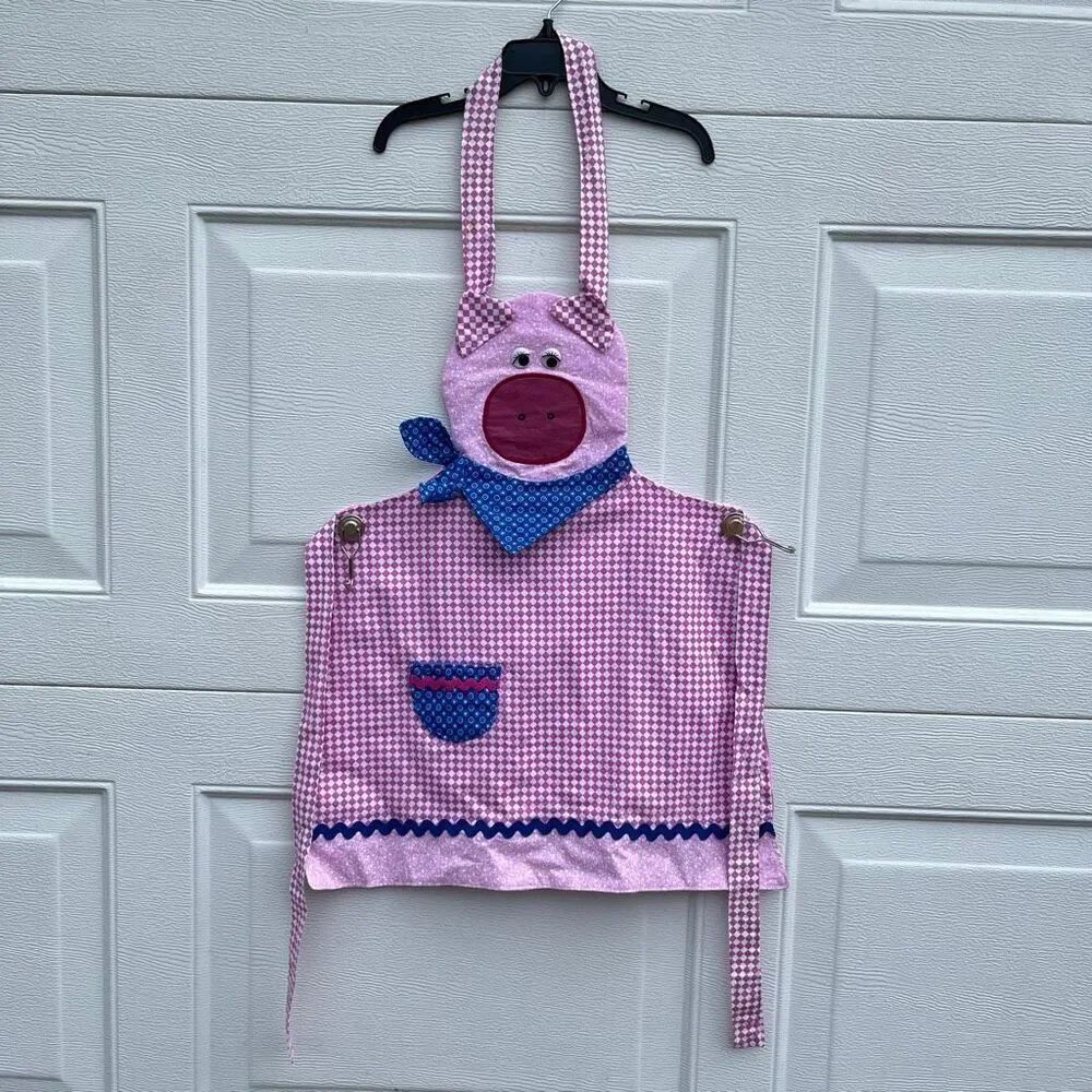 VTG Handmade Pig Apron Kids Gingham Farmhouse Cottagecore Dress Up